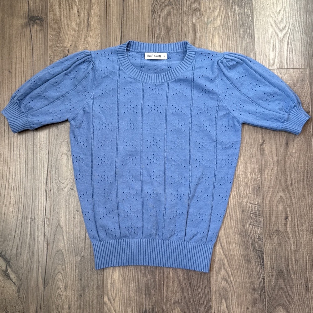 Grace‎ Karin Women Sweater Blue Puff Sleeve Eyelet Knit Top M